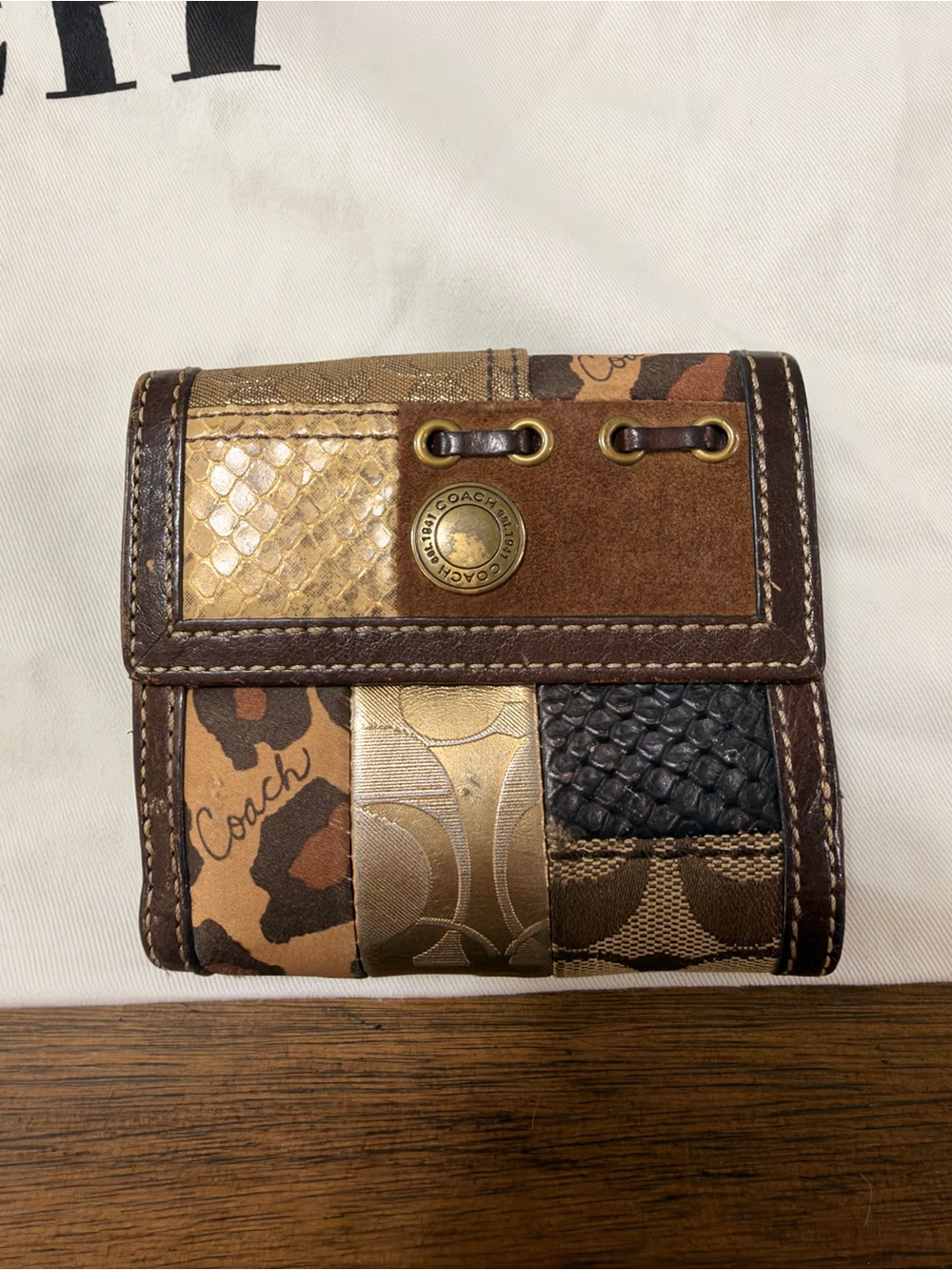 Coach Patchwork Leather Compact Wallet in Brown and Gold
